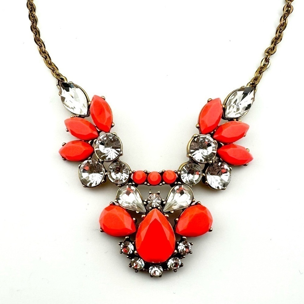 Vintage JCrew Pink Rhinestone Statement Necklace Gold Tone Chain